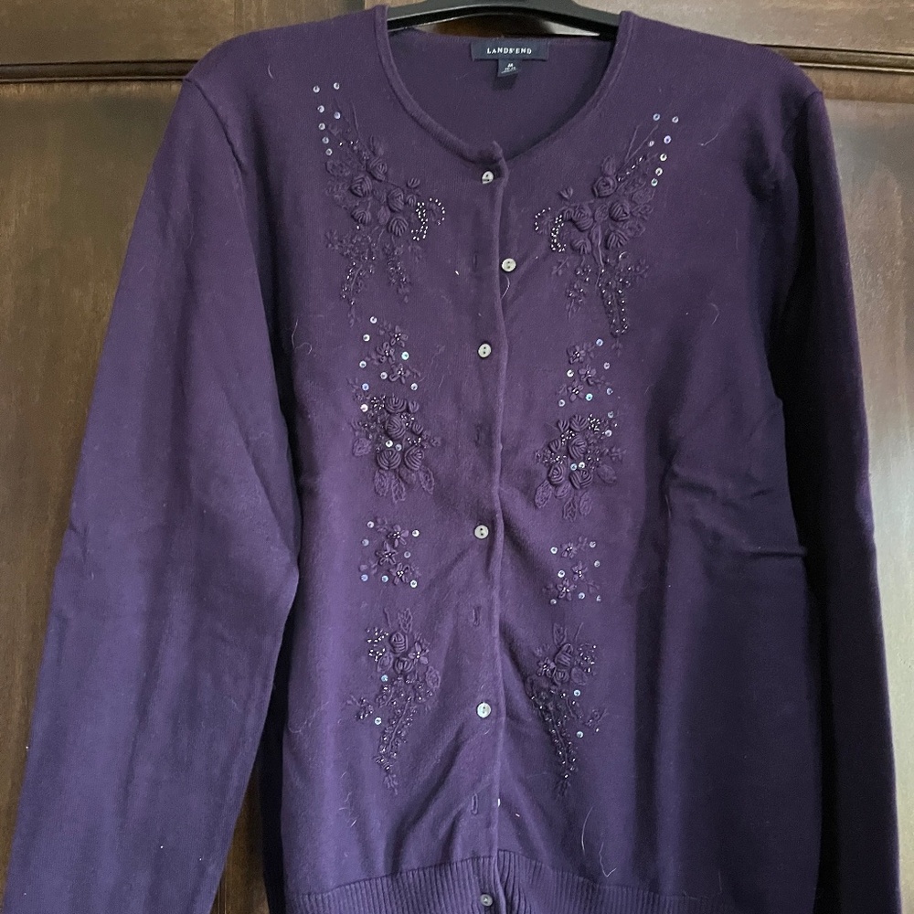 Lands's End Purple Beaded Cardigan Sweater Sz. Med (10-12).